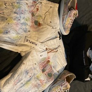 Multi color purple jean shorts and multi colored Giuseppe zanotti